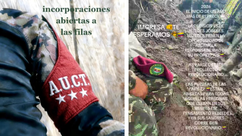 "Recrutements dans nos rangs", peut-on lire sur l’image de gauche. Les lettres sur le brassard rouge correspondent à un groupe paramilitaire dans le département de Tolima. "Rejoins-nous, on t’attend. (...) Les portes des Farc sont ouvertes à tous ceux qui ont l’esprit rebelle (...)" : c’est le message que l’on peut lire sur l’image de droite.