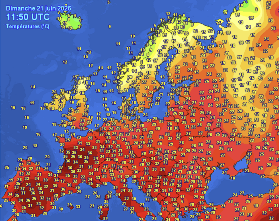 Les températures sur l'Europe le 21 juin 2026.