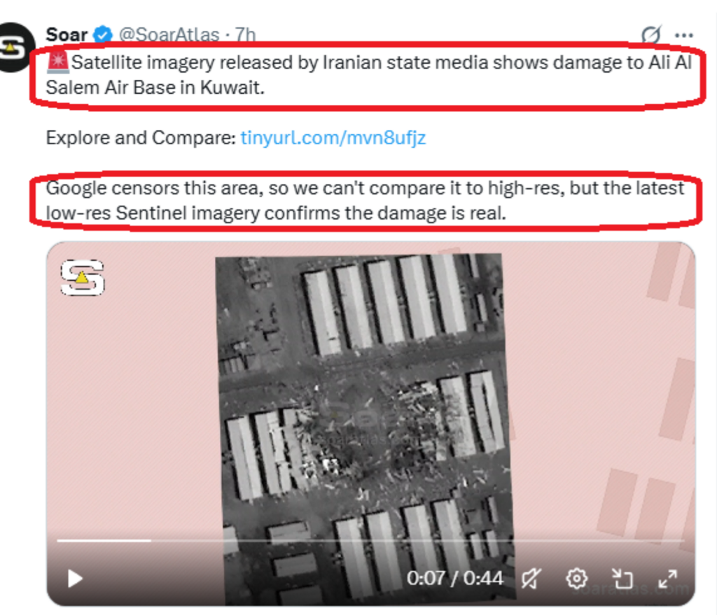 Guerre en Iran: comment l'embargo sur les images satellites US a entravé la vérification des faits 2 Sur X, ce compte spécialisé précise que la zone concernée est floutée sur Google, et que ces images de destructions sur une base koweitienne proviennent de la télévision iranienne.