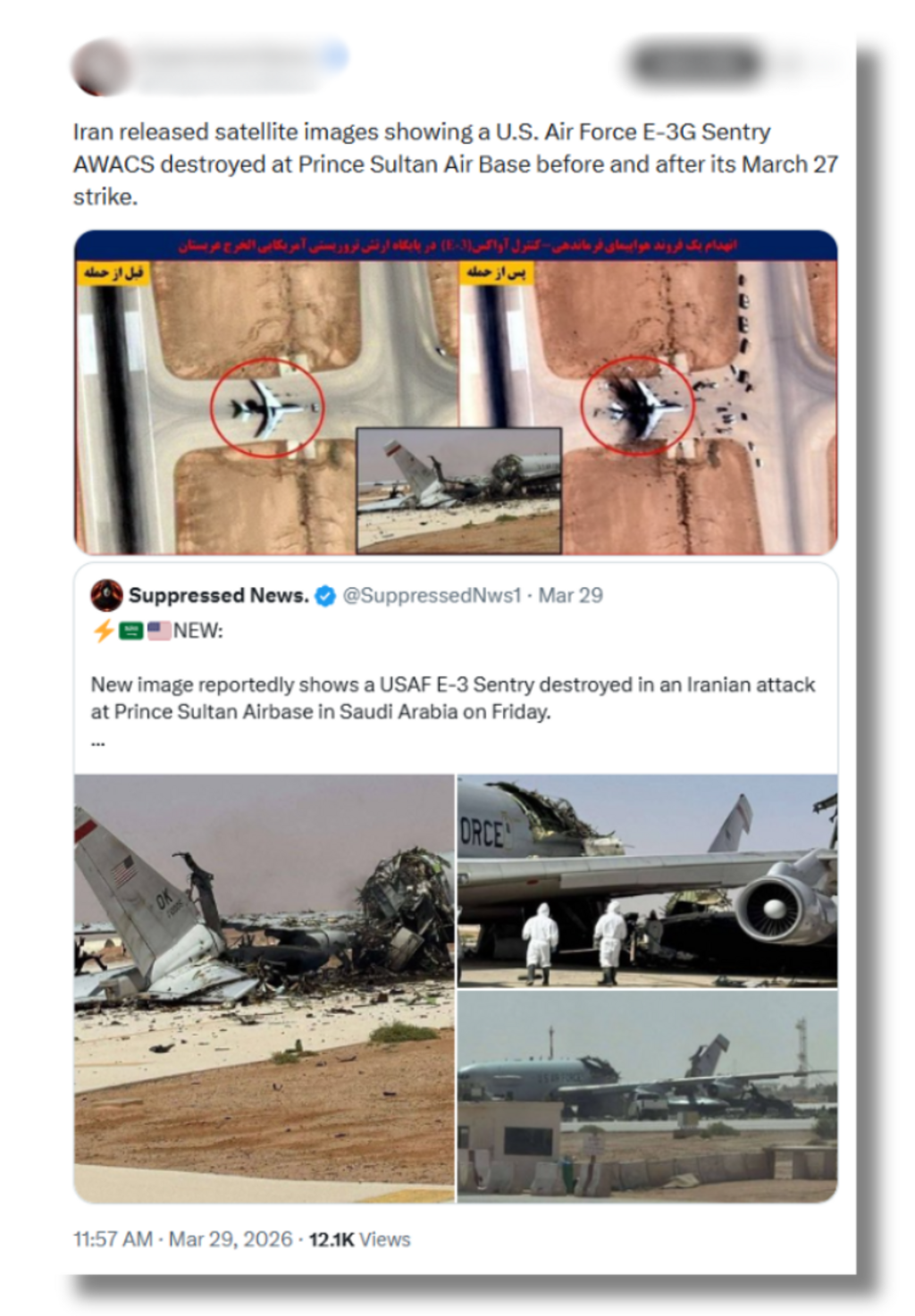 Guerre en Iran: comment l'embargo sur les images satellites US a entravé la vérification des faits 1 Ces images ont fait le tour du monde. On ne sait pas quels moyens techniques ont été employés pour photographier la destruction de cet avion américain, mais c'est la propagande iranienne qui a fait fuité ce cliché qui s'est retrouvé sur X.