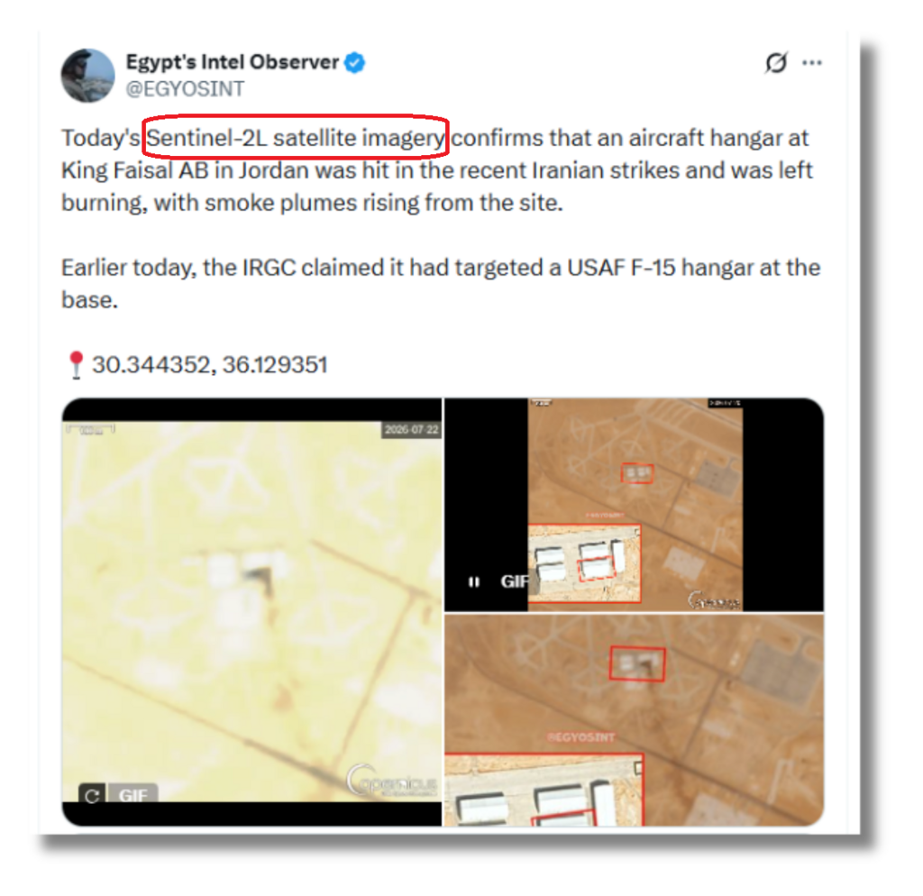 Guerre en Iran: comment l'embargo sur les images satellites US a entravé la vérification des faits 4 Sur X ce compte se présente comme un compte d'OSINT Egyptien. Il utilise par exemple, les données du satellite Sentinel pour vérifier les images en provenance d'Iran.