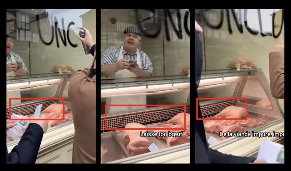 À gauche, la grille antimouches de la boucherie apparaît irrégulière et en train de fondre ; au milieu elle paraît parfaitement usinée ; à droite, elle semble à nouveau être en train de fondre.