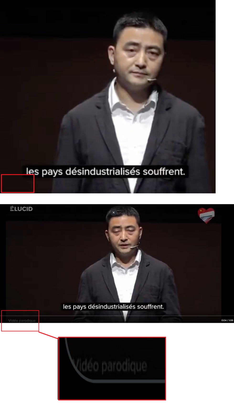 En haut la capture d'écran de l'internaute partagée le 20 juillet 2026 sur Facebook qui a été recadrée. En bas, une capture d'écran de la vidéo originale qui affiche la mention "vidéo parodique".