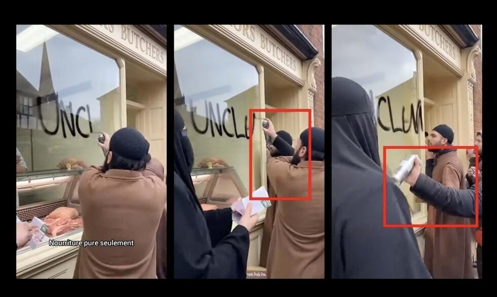 Sur ces captures d’écran de la vidéo générée par IA le 25 juin 2026, on voit qu'à gauche, l’homme qui tague la vitrine porte un manteau marron clair ; au milieu sa manche droite est noire et en coton ; à droite, la manche est noire et matelassée.