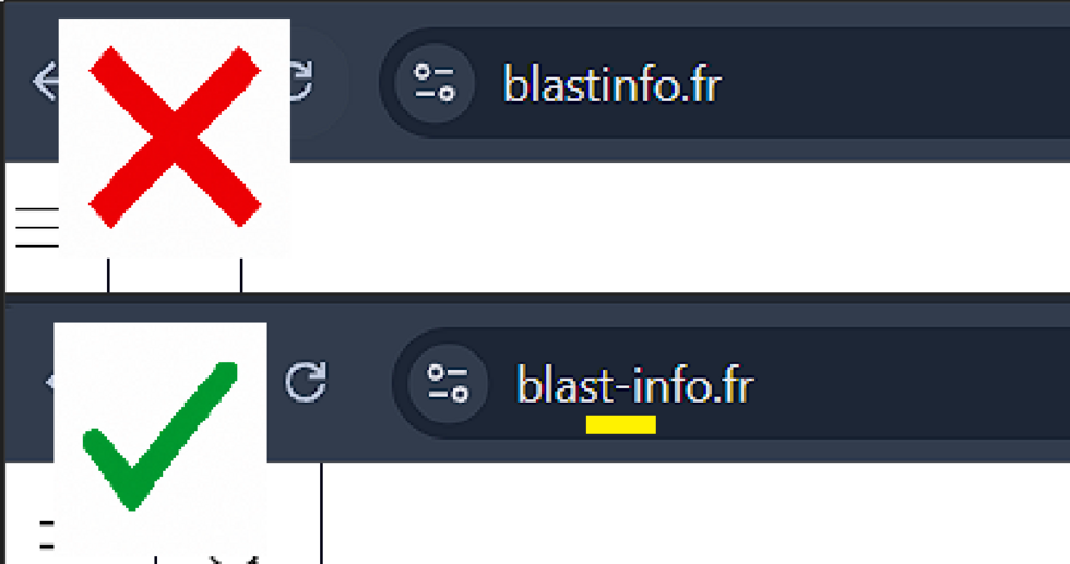 En haut l'adresse du faux site de Blast, en bas l'adresse du véritable site de Blast. On remarque l'absence d'un tiret dans l'adresse du faux site.