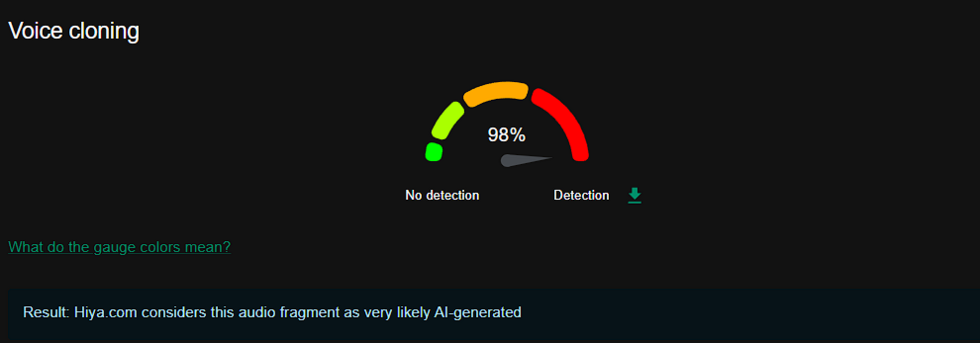 Le résultat de Hiya sur l'audio de la fausse vidéo de Blast.