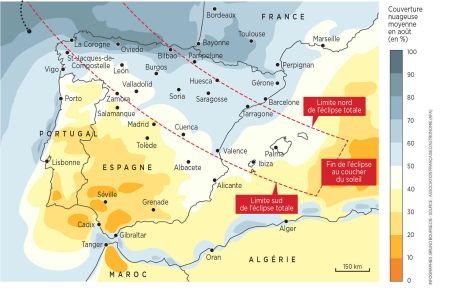 Le Soleil s'éclipse au cœur de l'été 1 L\'éclipse sera totale dans la bande délimitée par les traits pointillés.
Pour l\'observer dans les meilleures conditions, privilégiez les zones peu nuageuses (en blanc) et dégagées vers l\'ouest. Son maximum aura lieu peu avant le coucher du Soleil (très bas sur l\'horizon). Les lunettes pourront être retirées uniquement durant la totalité, qui durera environ 1 min 30 s.